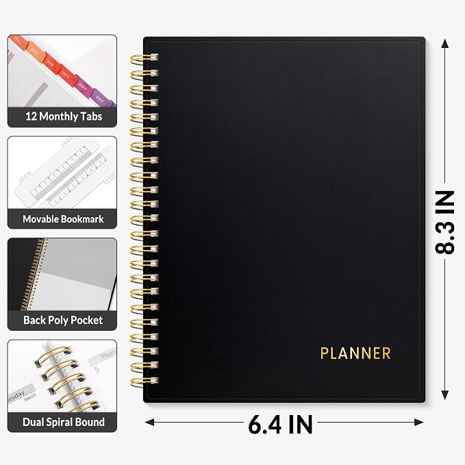 SUNEE Academic Planner 2026-2027 – Weekly & Monthly Planner, July 2026 to June 2027, 6.4"x8.3", Thick Paper, Tabs, Pockets, Bookmark, Spiral-Bound, Student Teacher Organizer, Black