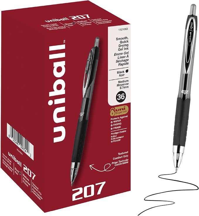 uniball™ 207 Gel Pens, Black Ink, 0.7mm Medium Point, Retractable, 36 Count, Smooth Writing, Fraud-Resistant, uni Super Ink™