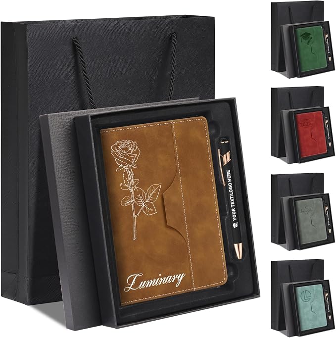 ENOMY Personalized A5 Notebook Writing Set Custom Notebook PU Leather Personalized Journal with Stylus Pen & Gift Box for College Holiday Travel Business Gift, Brown