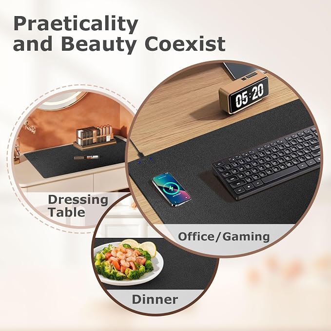 Wireless Charging Mouse Pad Firelison 2 in 1 Leather Multifunctional Office Desk Pad with Non-Slip Rubber Base, Waterproof Desk pad for Computers/Office/Work/Home/Decor（ 36" x 17"Black - L）