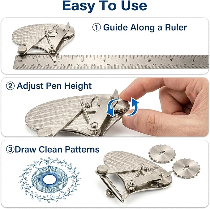 Mechanical Gear Train Ruling Pen - Vintage Precision Dotting Pen Set with 4 Brass Dotting Wheels, Blueprint Drafting Tool for Architects, Designers, Engineers, Technical Drawing Kit (Silver)