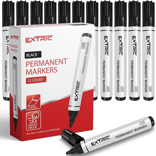 EXTRIC Permanent Markers Chisel Tip, Black, 12 Count, Quick Drying Ink, Works on Paper, Wood, Plastic, Metal and Glass, Great for Home, Office and School use