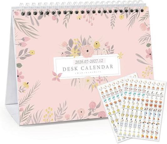 Small Desk Calendar 2026-2027, Mokani Standing Desktop Calendar (Jul.2026-Dec.2027), 18 Months Academic Flip Calender with Stickers & US Holidays Marked (8"x6")