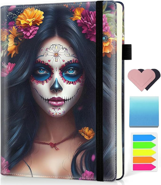 Hardcover Executive Notebooks, A5 PU Leather Lined Journal Notebook, 200 Pages Thick Paper Subject Notebooks for School,Work,Home Writing Business Notebook,Mexican Day of The Colorful Flower Girl