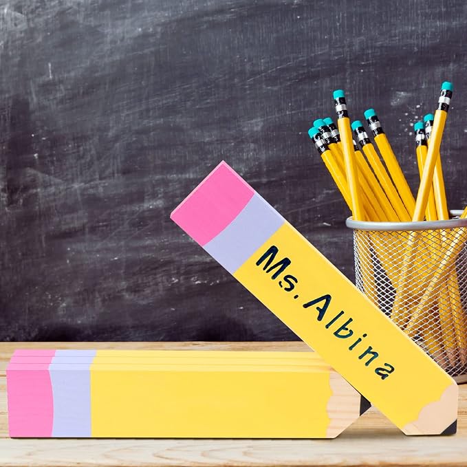 6 Pieces 9.8 x 2'' Pencil Teacher Name Plates Set Includes 4 PCS of Pencil Name Sign and 2 PCS of English Letter Template, Personalized Pencils Name Plate, Teacher Desk Name Plate for Desk Decor