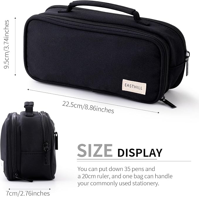 EASTHILL Large Capacity Pencil Case Pen Pouch Organizer Canvas Pencil Bag with Handle School Supplies for Teen Girls-Black