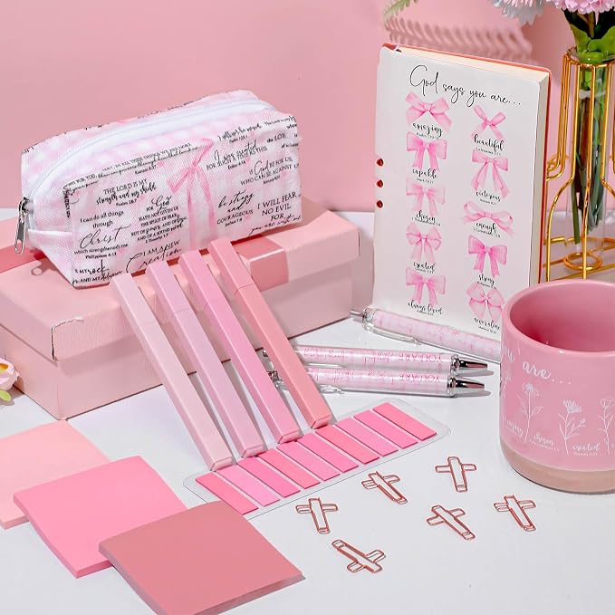 Reallnaive 25 Pcs Bible Journaling Supplies for Women, Bible Study Kit with Notebook Mug Tote Bag Pouch Pens Highlighter Sticky Notes Pink Christian Gift for Teen Girl, Teacher, Back to School
