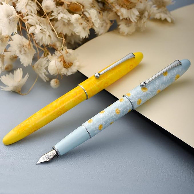 HONG DIAN C3 Fountain Pen, Iridium Extra Fine Soft Nib Chinese Knot Carving, Bright Yellow & Sunflower Painting Design with Metal Box Set
