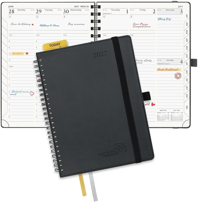 POPRUN 2027 Planner, 6.5'' x 8.5'', Weekly and Monthly Daily Calendar Book | 2027 Agenda(Jan - Dec) Appointment Book with Hourly Time Slots, Monthly Tabs, 100GSM, Spiral Leather Cover - Black