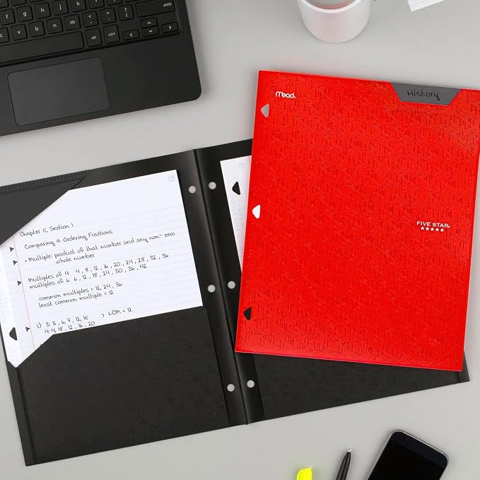 Five Star 2-Pocket Folder,Plastic Folder with Stay-Put Tabs and Prong Fasteners,Fits 3-Ring Binder,Holds 8-1/2" x 11” Paper,Black,Fire Red,Forest Green,Pacific Blue (38049),4 Count (Pack of 6)