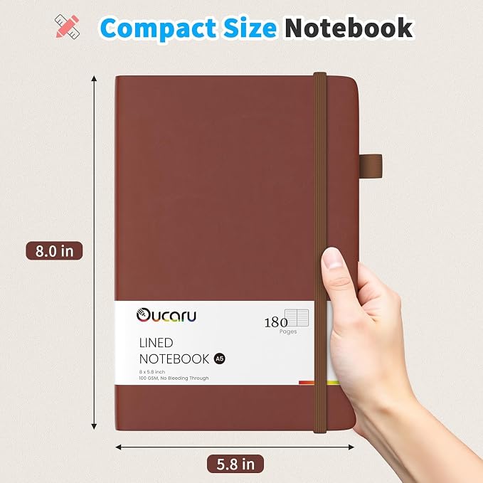 Oucaru Lined Journal Notebook, 2 Pack, 180 Pages, A5 Journals for Writing, 100 GSM Thick Paper, Small Notebooks Daily Journal for Women Men Work, Business, School, Travel Supplies