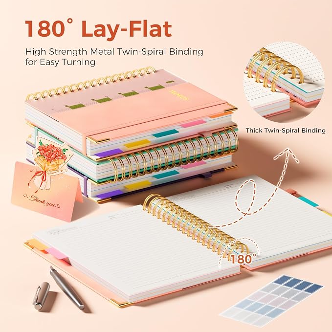 XYark B5 Hardcover Spiral Notebook, 5 Subject Notebook 300 Pages, 8"x10" College Ruled Notebooks with Removable Dividers Tabs & Ruler & Card, Lined Journal for Women Men School Work Office, Light Pink