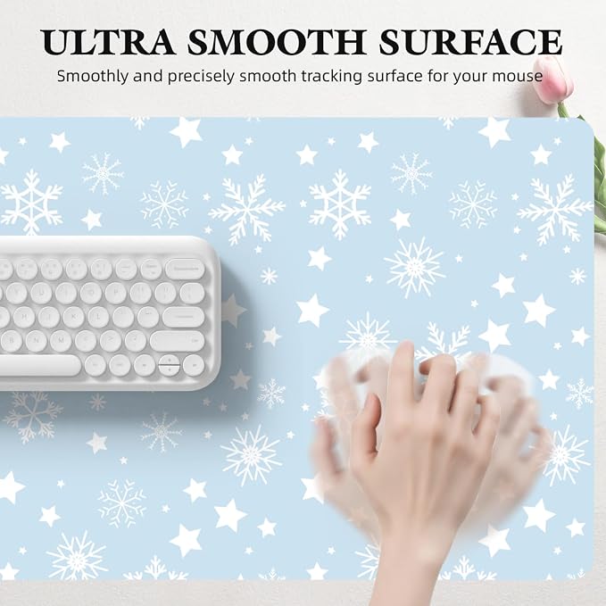 Winter Snowflake Leather Desk Mat Extended Gaming Mouse Pad | Non-slip Large Writing Pad Laptop Blotter Computer Keyboard Mat | Cute Blue Desk Protector for Home Office 27.6" x 13.8"