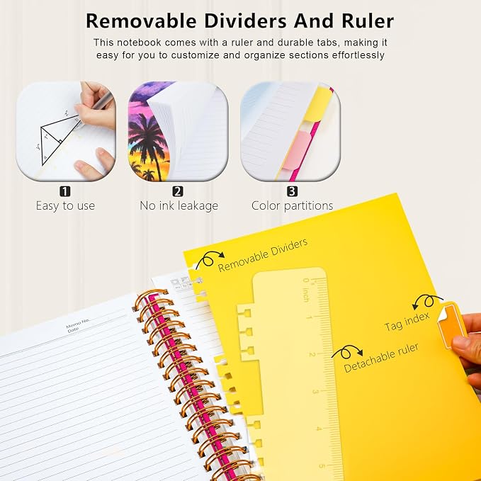 Hardcover Spiral Notebook College Ruled, 8.5"x11" Leather Journal Notebook with Magnetic Closure, 300 Pages 5 Subject Notebook with Dividers Tabs Journal for Women Men, Work, School(Rose Red)