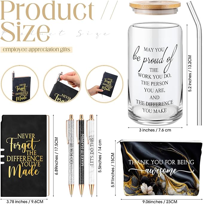 Funnymoom 6 Pcs Appreciation Gifts Set for Women Back to School Teacher Gifts Employee Thank You Gift with 17 oz Glass Tumbler Journal Pens and Pouch for Coworkers Educators,Marble,Black