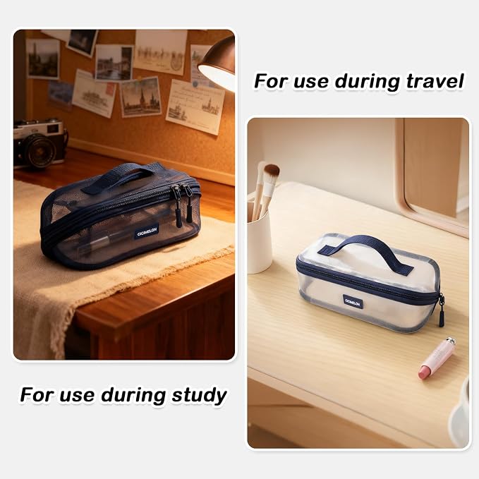 CICIMELON Transparent Mesh Pencil Pouch with Handle Big Case Clear Pen Bag College Essentials School Supplies, Navy