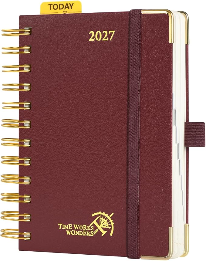 POPRUN 2027 Daily Planner One Page Per Day, Small 4.25" x 6.25", Calendar Book from Jan 2027 - Dec 2027, Hardcover Appointment Book with Hourly Time Slots, Spiral Bound - Burgundy