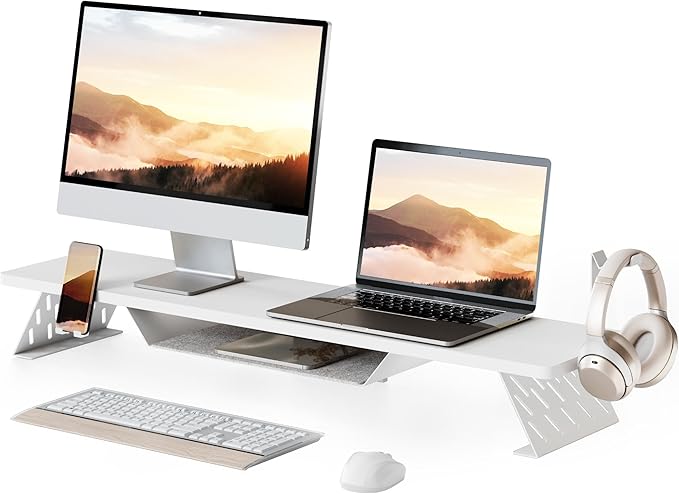 Fenge Dual Monitor Stand, Wooden Desk Shelf with Headphone & Phone Holder | 42.5" Monitor Riser with Storage Shelf, 2-Tier Monitor Shelf with Metal Leg for Home Office Organizer, White