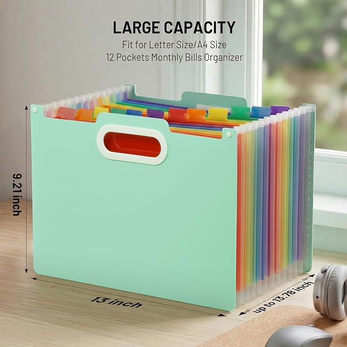 Comix Expanding File Folder,13 Pockets Accordion File Organizer, Green | Letter/A4 Size Document Organizer, For Home Office School