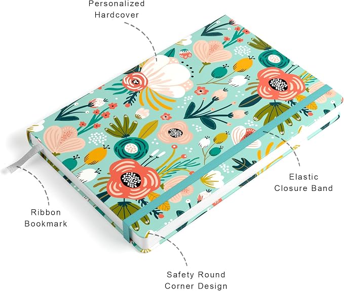 Lined Journal Notebook, Hardcover Journal for Women, Medium 5.7 x 8.4 in, 160 Pages Thick Paper, Cute Aesthetic Floral A5 Ruled Notebook for Writing Journaling Work School Office, Green Flowers
