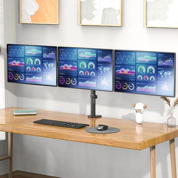 WALI Adjustable Triple Monitor Mount for 13-27 inch Screens, 22 lbs per Arm | 3 Monitor Desk Mount, Full Motion with Tilt, Swivel, Rotation, C-Clamp & Grommet Base, VESA 75/100mm (M003S), Black