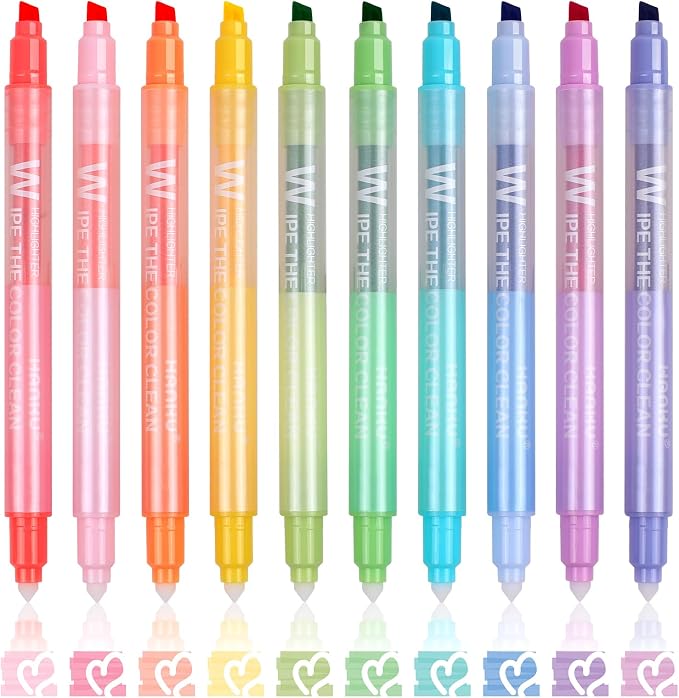HANKU Erasable Highlighters, 10 Pastel Highlighters Assorted Colors, Dual Tip Cute Erasable Highlighter Pens No Bleed Through for Bullet Journaling, Bible Study, School Office Supplies