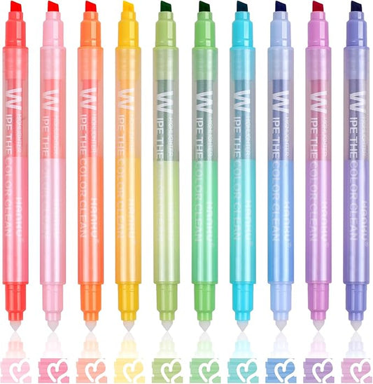 HANKU Erasable Highlighters, 10 Pastel Highlighters Assorted Colors, Dual Tip Cute Erasable Highlighter Pens No Bleed Through for Bullet Journaling, Bible Study, School Office Supplies