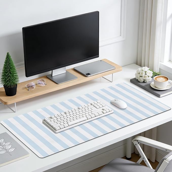 Blue Striped Desk Mat Cute PU Leather XXL Large Gaming Mouse Pad Desk Pad Cozy Aesthetic Keyboard Matt Laptop Computer Mat Home Office Decor 35.4" X 15.7"