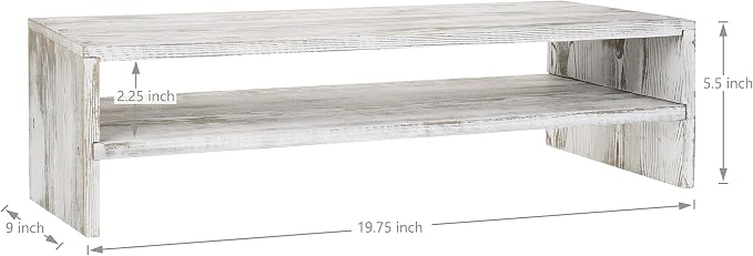 MyGift Shabby Whitewashed Wood Computer Monitor and Laptop Riser Stand for Desk, 2 Tier Office Desktop Storage Shelf