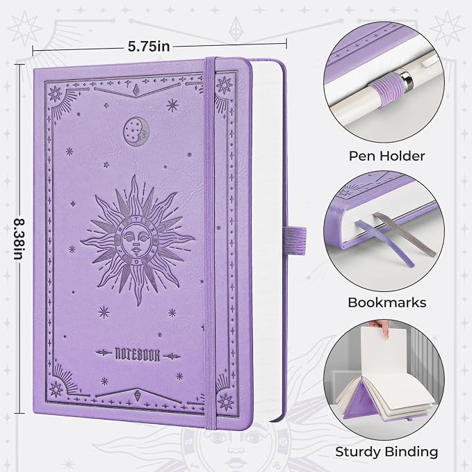 EMSHOI Lined Journal Notebook, 320 Numbered Pages, A5 Size (5.7'' x 8.3'') | Leather Hardcover, 100 GSM Thick Paper, for Women & Men, Journaling, Writing, Work & Office, Sun Debossed (Light Purple)
