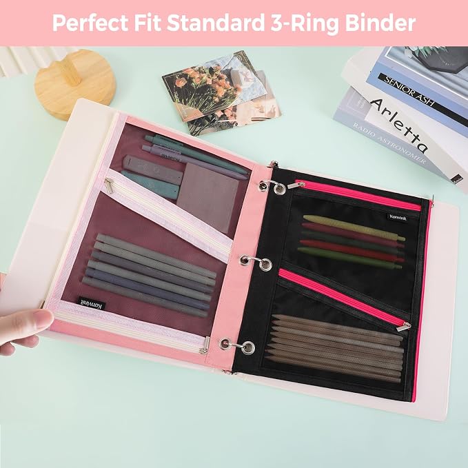 KONVINIT Pencil Pouch for 3 Ring Binder, Pink Zipper Binder Pencil Pouch | Zipper Pencil Pouches, Durable Cloth Pencil Case With 3 Pockets, Mesh Window Pencil Bag With Supplies, Cables, Makeup