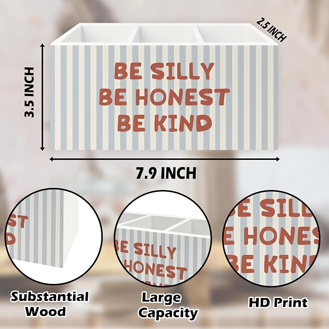Inspirational Pen Pencil Holder Organizer for Desk, Be Silly Honest Kind Motivational Blue Striped Wooden Box Signs Decorations for Kids Nursery Room Bedroom Desk Tabletop, Inspirational Gifts