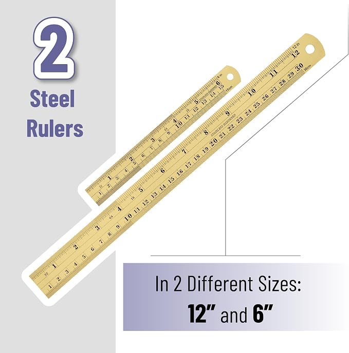 Mr. Pen- Metal Straight Edge Ruler, 2 Pack, 6" and 12", Gold | Stainless Steel Ruler Set, Imperial & Metric Measurements for Drawing, Home, Office, Engineering