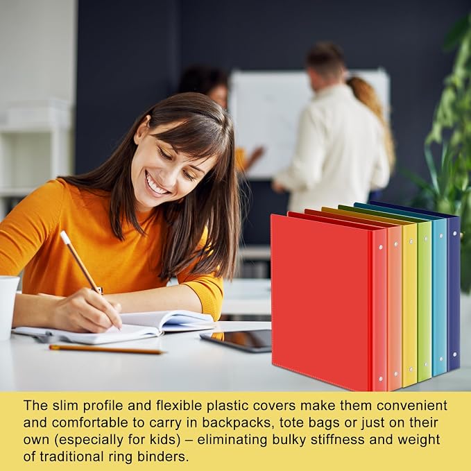 Fulmoon 6 Pack Plastic 3 Ring Binder Assorted Colors Economy Flexible Round Ring Presentation Binders with Pocket for Office School Meeting(2 Inch,Rainbow Colors)