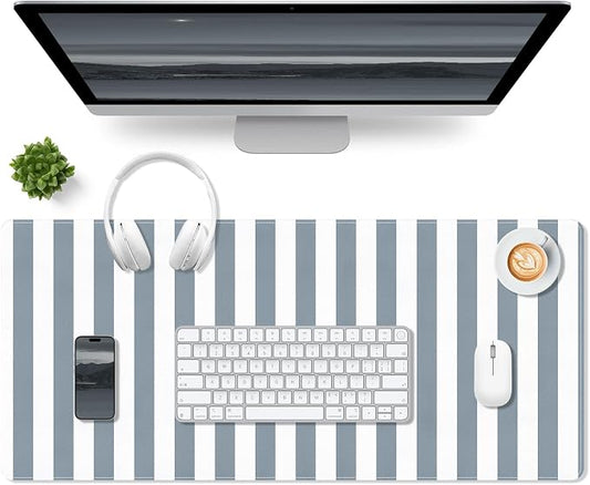 Gray Desk Pad, PU Leather Desk Mat, XXL Extended Mouse Pad Waterproof Striped Desktop Blotter Protector, Non-Slip Large Laptop Keyboard Writing Mat for Office Home