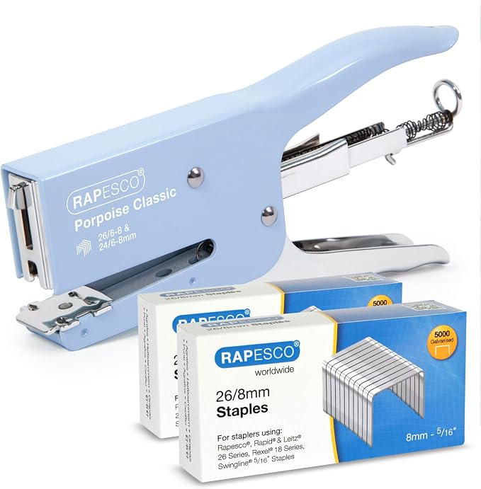 Rapesco 1355A Porpoise Classic Stapling Plier with 10.000 Staples, Type 26 Standard 5/16", 45 Sheet Capacity, Uses Type 26 Standard and Type 24 High-Capacity Staples, All Metal, Powder Blue | 45 Sheet Capacity, Includes 10,000 Type 26/8mm Staples, Powd...