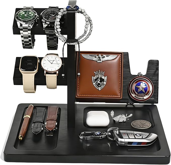 Watch Stand for Men, Solid Wood Watch Holder Organizer with Challenge Coin Display & Valet Tray, Mens Nightstand Organizer for Smartwatch Charging Station, Desk Accessories, Gift for Husband, Dad