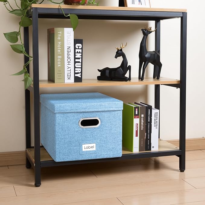 PRANDOM File Organizer Box - Set of 2 Collapsible Decorative Linen Filing Storage with Lids Office Cabinet Letter/Legal Size Blue (17x14x11.2 inch)