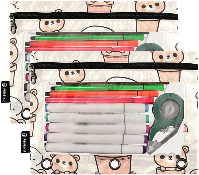 ALAZA Cute Teddy Bear Brown Pencil Pouch for 3 Ring Binder 2 Pack Zipper Binder Pencil Bag Case with Clear Window Office Supplies