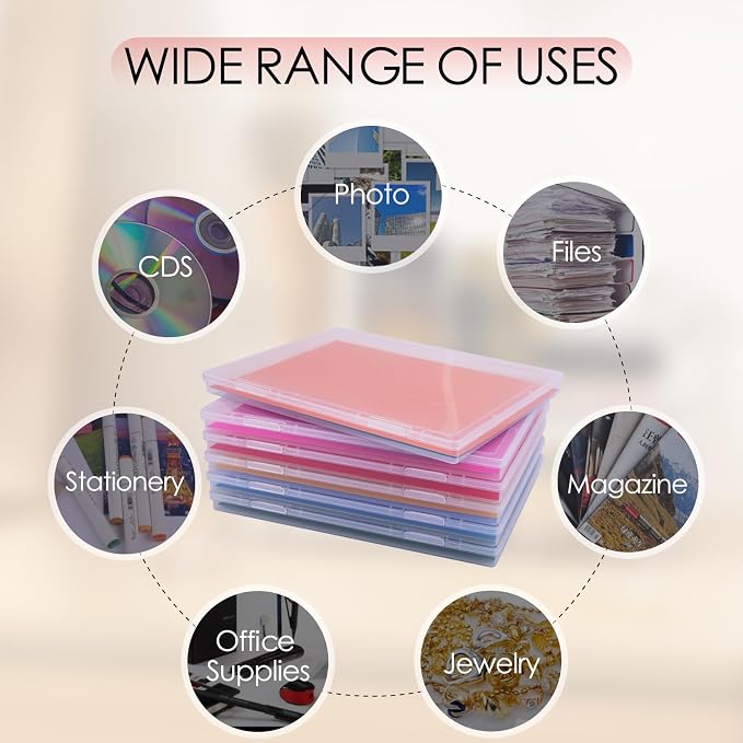 6 Pack Photo Storage Box, Fits 8" x 10" Photo & A4 Paper, Clear | Large Plastic Scrapbook Paper Storage with Latch, Photo Organizer for Protecting Photo, Craft, Scrapbook, Office Supply