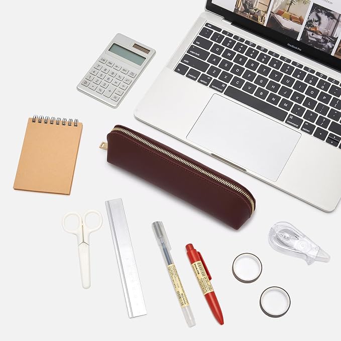 Pencil Case Small Pencil Pouch Slim (Burgundy, Faux Leather)