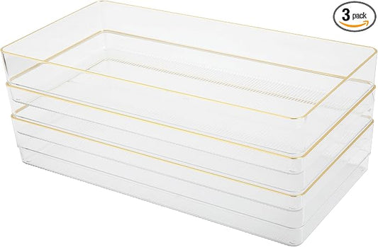 Martha Stewart Kerry Plastic Stackable Office Desk Drawer Organizers, 12" x 6", 3 Pack, with Gold Trim
