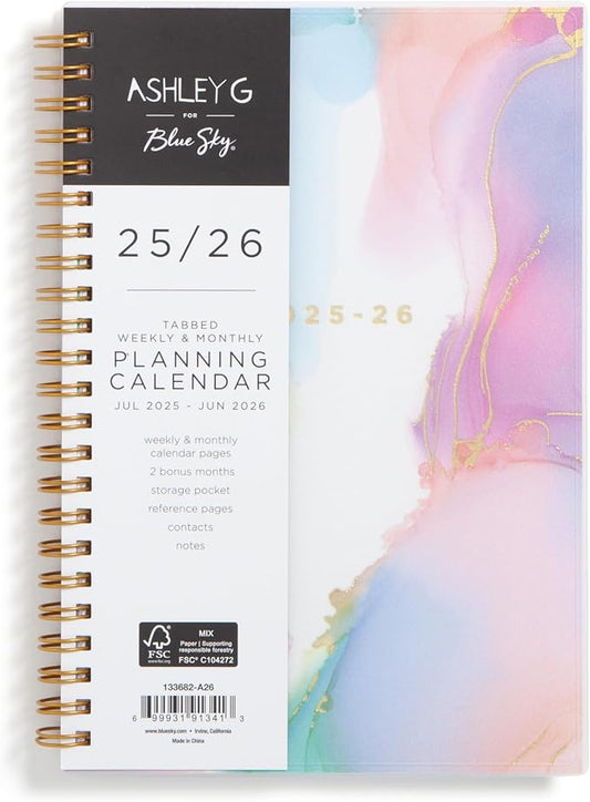 Blue Sky 2025-2026 Weekly & Monthly Academic Planner, 5"x8", Color Smoke | July 2025 - June 2026, Flexible Cover, Wirebound, Laminated Tabs, Storage Pocket, Sticker Sheet, Ashley G