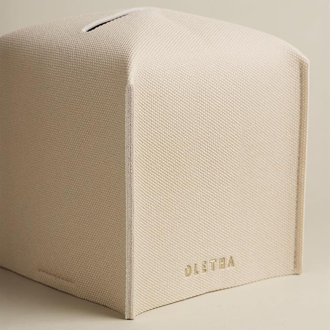 OLETHA Square Tissue Box Cover - Aesthetic Modern Farmhouse Decor for Room, Home & Office - Tissues Cube Boxes Holder - Canvas Grain, Greige