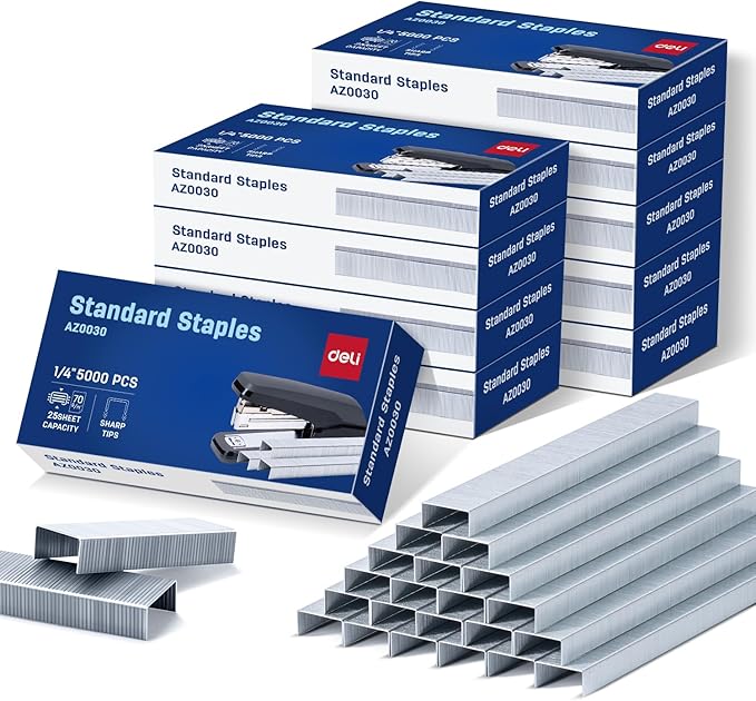 Deli Staples, 50000 Staples, 1/4'' Length, 210/Strip, 10 Boxes of 5000 Each | Standard Staples for Desktop Staplers