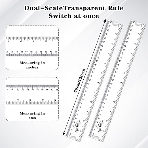 Grevosea 2 PCS Flexible Ruler 12 Inch Bendable Clear Plastic Ruler | Soft Bendable Rulers with Centimeters and Inches for Kids and Adults School Classroom Office Supplies