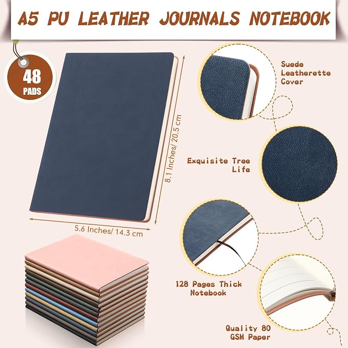 PerKoop 48 Pcs A5 PU Leather Journals for Laser Engraving, 8.1 x 5.6 Inch Lined Notebook Blanks 128 Pages, Lay Flat Ruled Writing Notebooks for DIY Crafting Office School Gifts (Morandi Color)