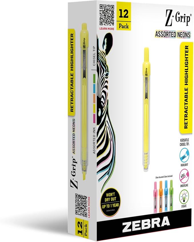 Zebra Pen Z-Grip Retractable Highlighter, Assorted, Chisel Tip, 12-Pack | Metal Clip, Ideal for School, Office and Teacher Supplies, Note-Taking, Studying, and Planners, Transparent Barrel (71200)
