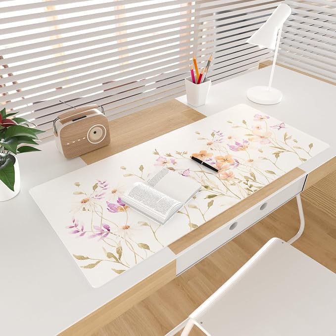 Colorful Star Floral Waterproof Office Desk Mat, 31.5" x 15.7" | Non-Slip Large Computer Gaming Mouse Pad, XXL PC Laptop Protector Pads, PU Leather Desk Writing Pads for Office Home