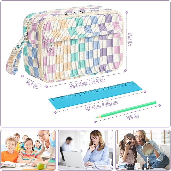 WOBAGMEN Cute Pencil Case,Large Corduroy Zippered Pencil Case Pouch, aesthetic Pencil Bag with Compartments, Pencil Pouch School Supplies (Colorful checked)